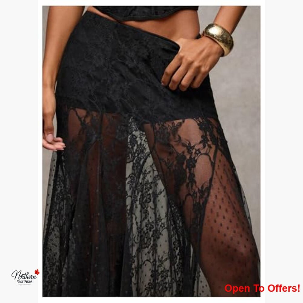 Sheer Lace Maxi Skirt Low Waist Ruffle Hem A Line Flowy - Picture 4 of 7